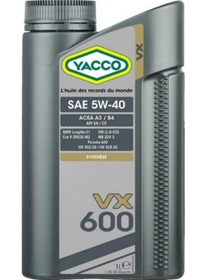 YACCO 5W40 VX 600 1L ACEA A3B4, API SNCF  (302925 YACCO)