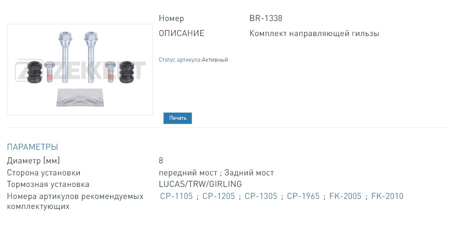 Комплект направляющих тормозного суппорта перед.задн. VW Passat III-V 88-, Polo III 96-, Audi A6 94- (BR1338 ZEKKERT)