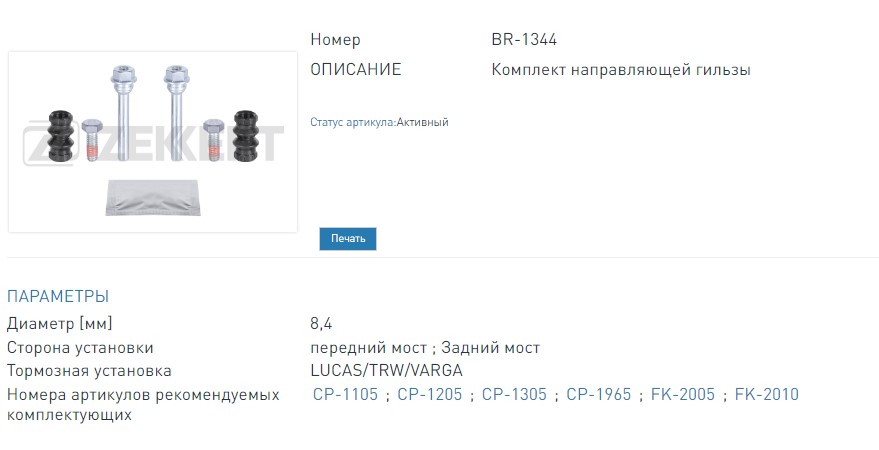 Комплект направляющих тормозного суппорта перед.задн. Renault Duster 11-, Logan 07-, Nissan Note (E11) 06-, BMW 3 (E90) 04- (BR1344 ZEKKERT)