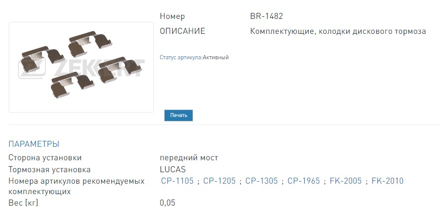 Комплект установочный перед. торм. колодок Renault Logan 04-, Sandero 07-, Clio I, II 90-, Megane 96-, Lada Largus 12- (BR1482 ZEKKERT)