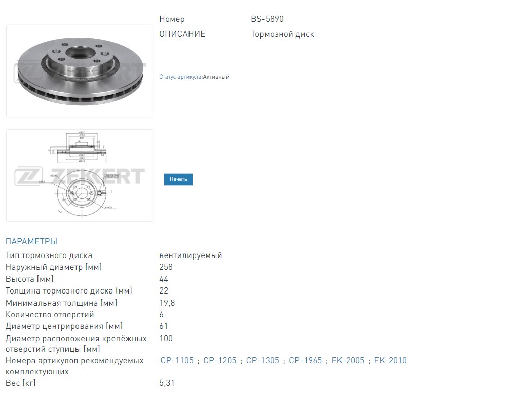 Диск тормозной передний Renault Clio IV 12-, Logan II 13-, Sandero 13-, Twingo 14- Brake disc  (BS5890 ZEKKERT)