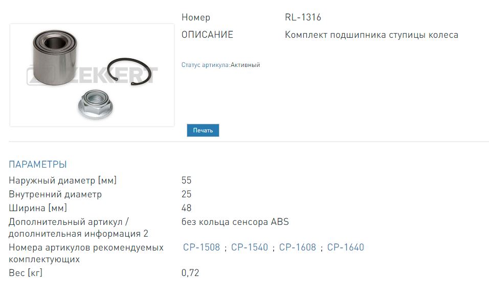 Ремкомплект ступицы задней (без ABS) Renault Megane II 03-, Grand Scenic II 04-, Scenic II 03- (RL1316 ZEKKERT)