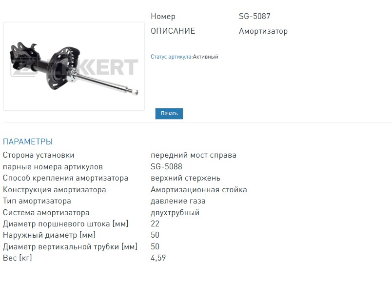 Амортизатор газовый правый передней подвески Honda Civic VIII 05- (SG5087 ZEKKERT)