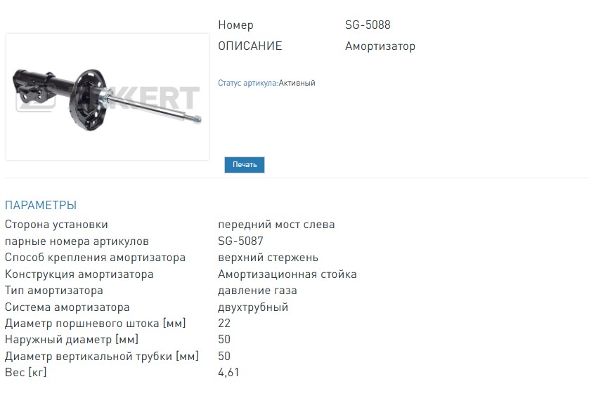 Амортизатор газовый левый передней подвески Honda Civic VIII 05-  (SG5088 ZEKKERT)